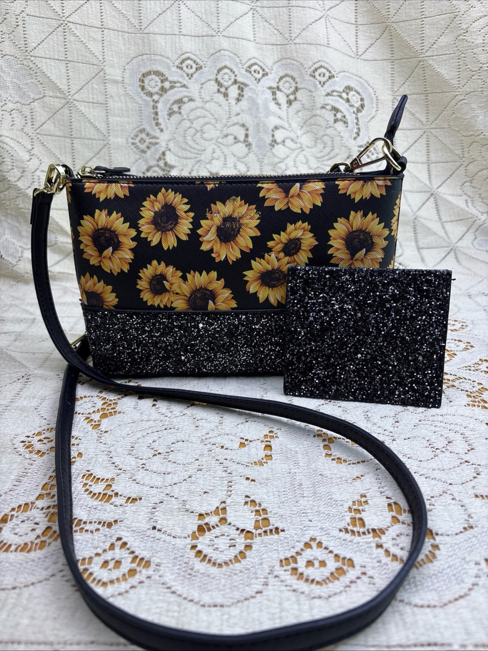 Kate Spade New York Black Sunflower Glitter Crossbody Bag with Matching Wallet